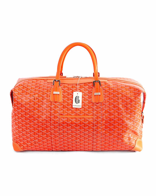 Goyard Orange Goyardine Boeing 55 Duffle Bag | ELUXE STORE Elegance du luxe
Year and Stamp:
2025 /
Color:
Orange Goyardine
Hardware:
Silver
Leather or Material:
Canvas and Leather
Condition:
New, never used, has slight imperfections from storage at two corners.
Dimensions:
55 x 32 x 25cm
Packaging:
Stickers, Dustbag, and Lock and Keys