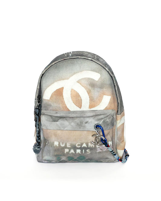 Chanel SS14 Artclass Light Grey Canvas Large Graffiti Backpack FULL SET