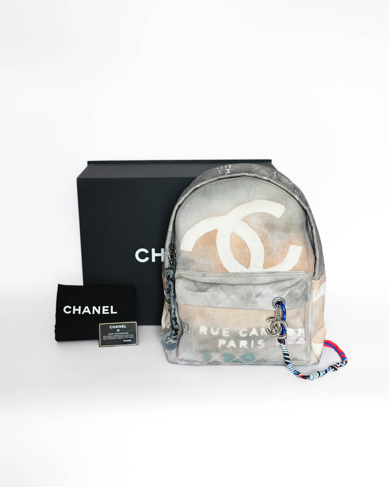 Chanel SS14 Artclass Light Grey Canvas Large Graffiti Backpack FULL SET