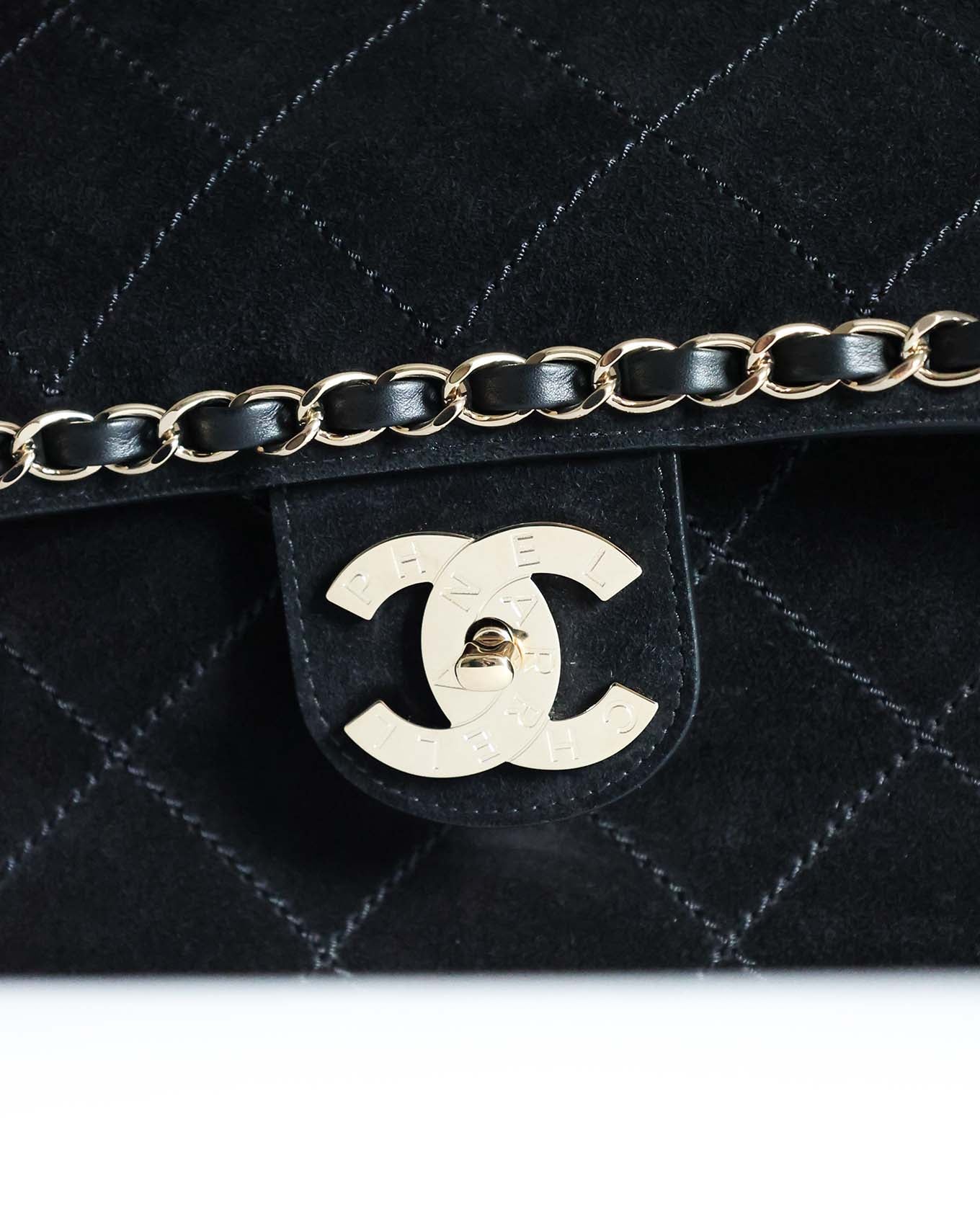 Chanel x Pharrell Black Suede bag turn lock permabrass champagne gold metal