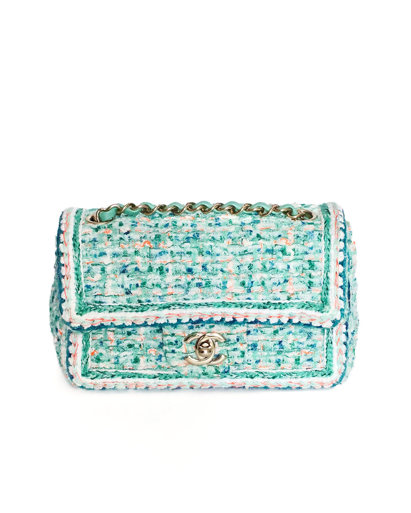 Chanel Mini Rectangular Classic Flap Green Multicolor Tweed 2019