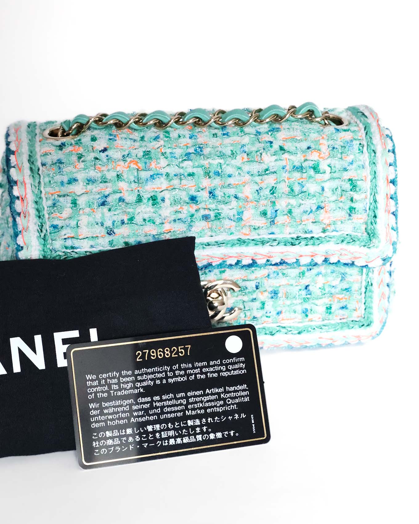 Chanel Mini Rectangular Classic Flap Bag Green Multicolor Tweed 2019 Chanel
