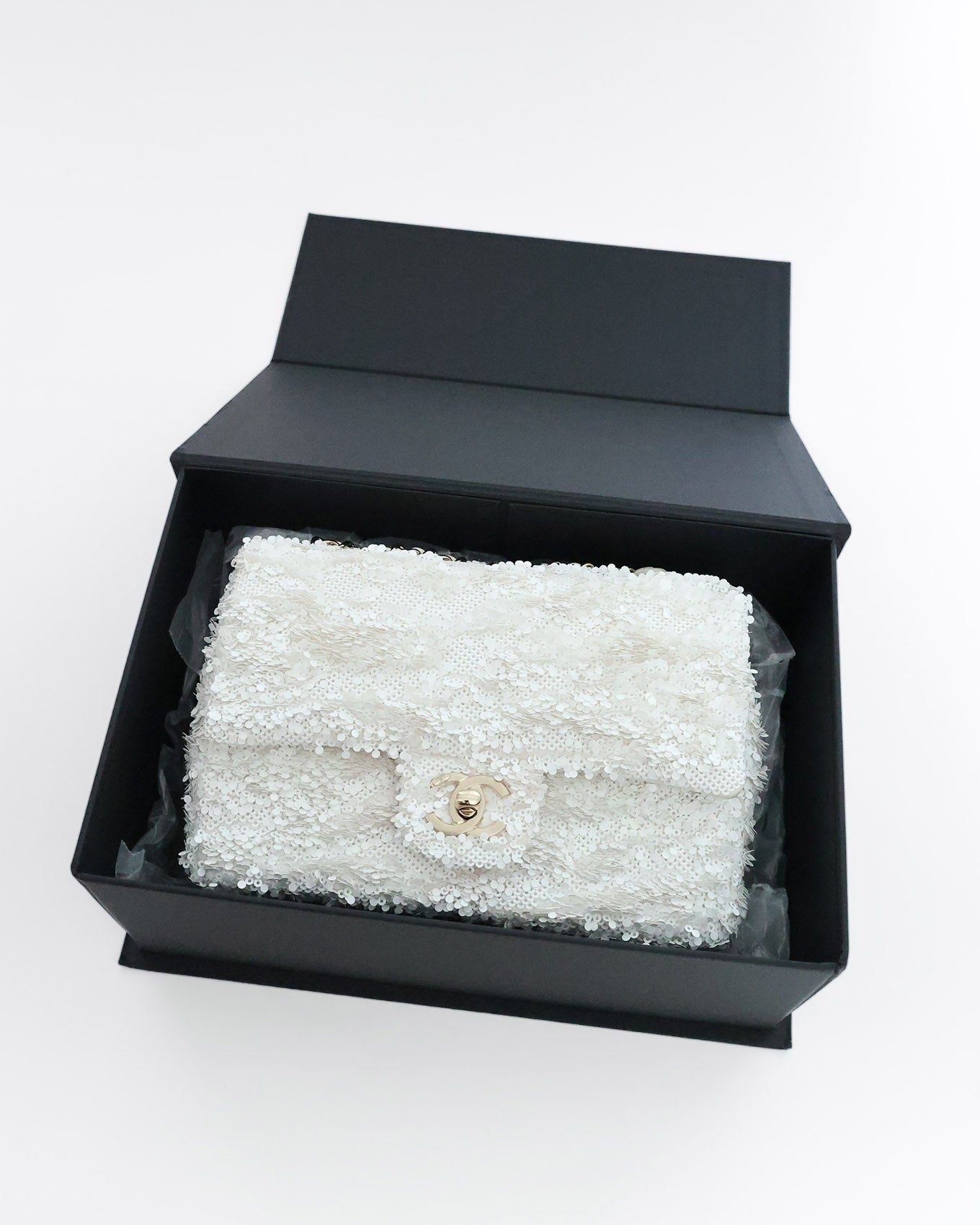 Chanel White Sequins Mini Flap Bag with Light Gold Hardware 2023