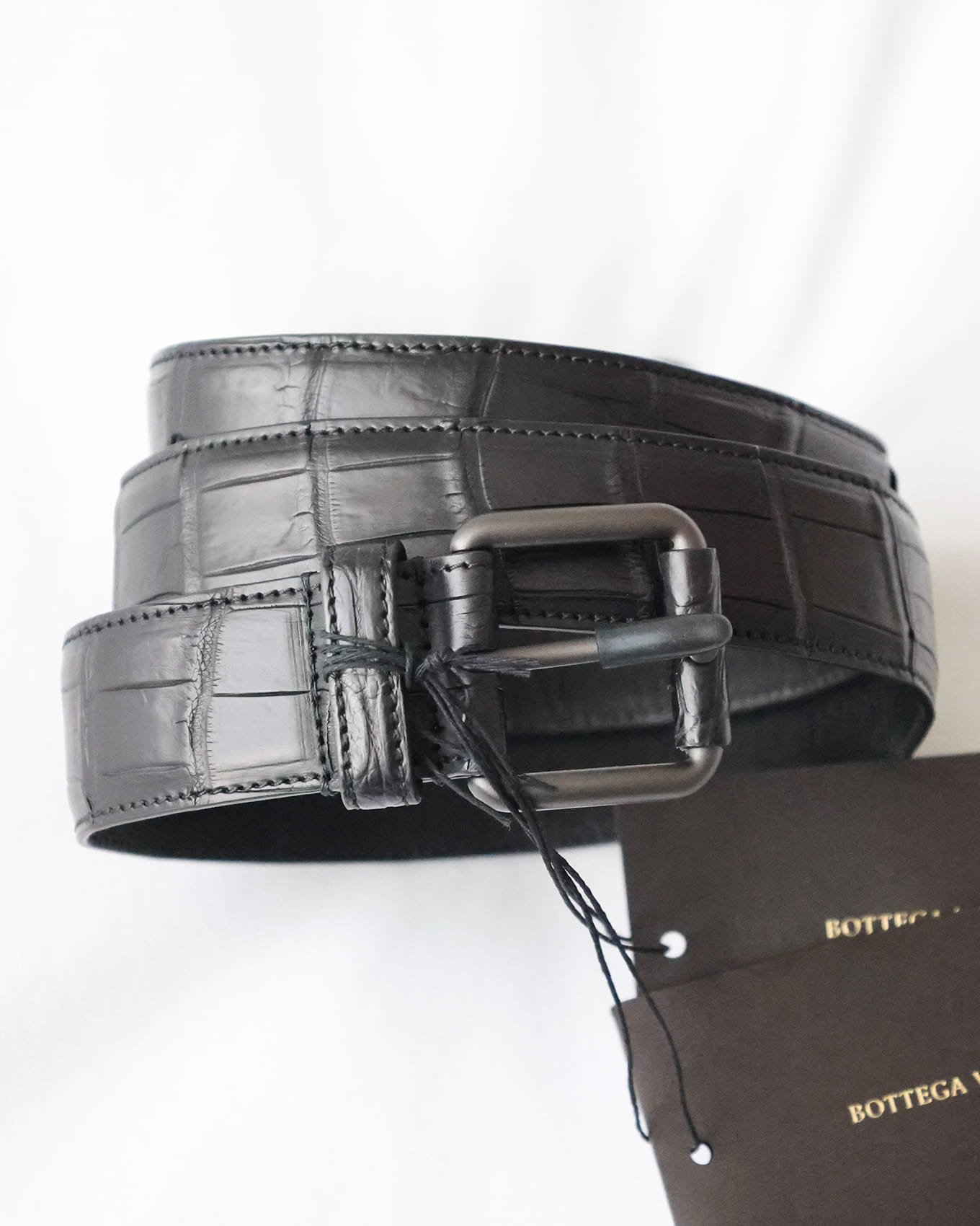 Bottega Veneta Mens Matte Black Crocodile Skin Belt