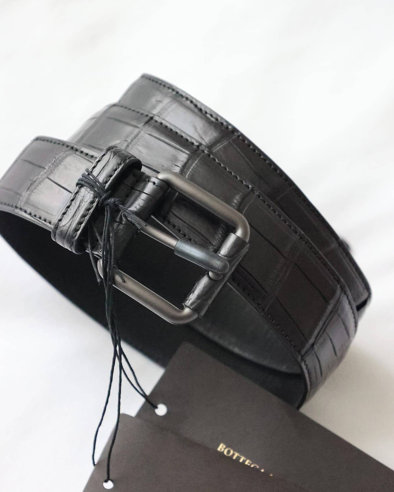 Bottega Veneta Mens Matte Black Crocodile Skin Belt