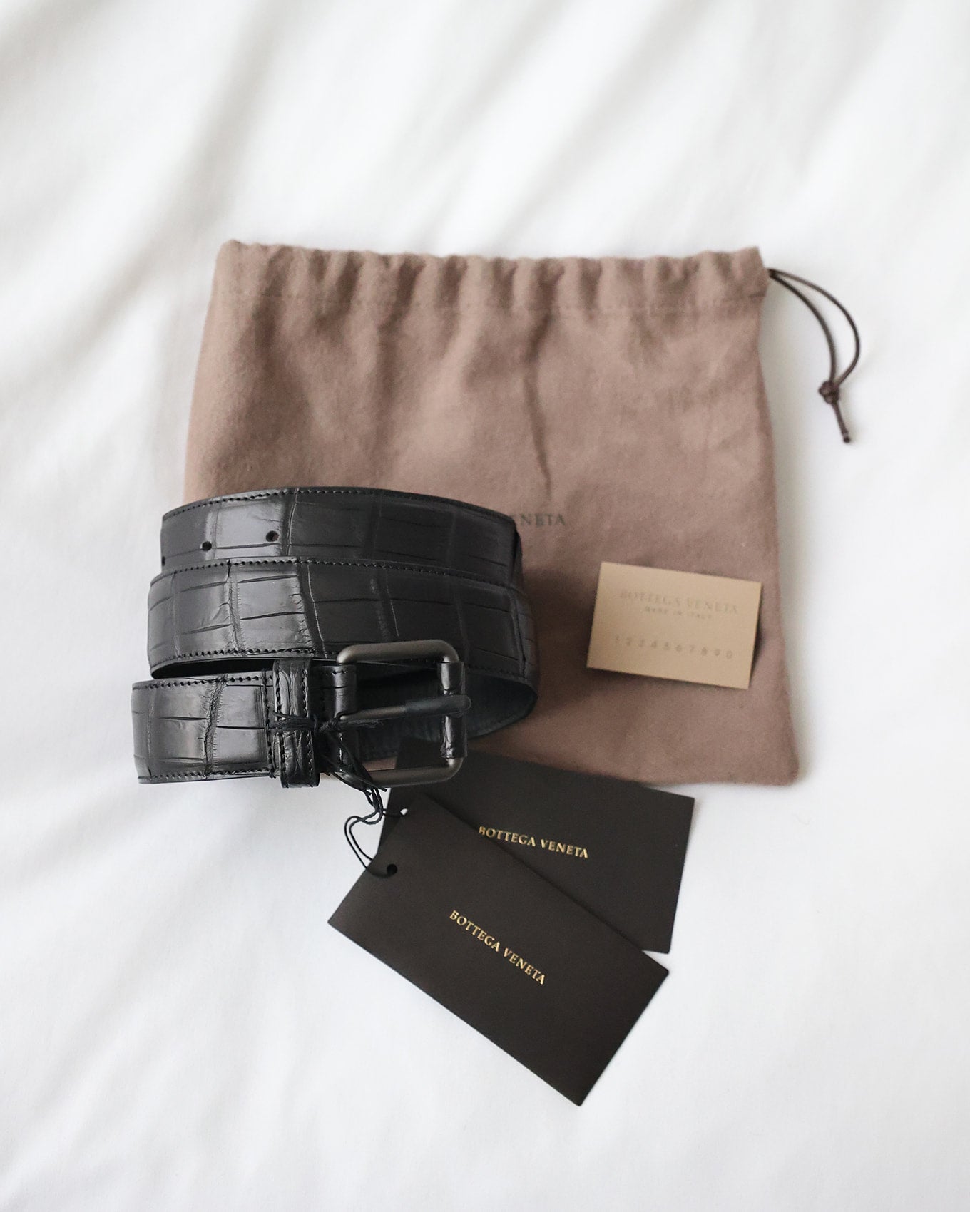 Bottega Veneta Mens Matte Black Crocodile Skin Belt