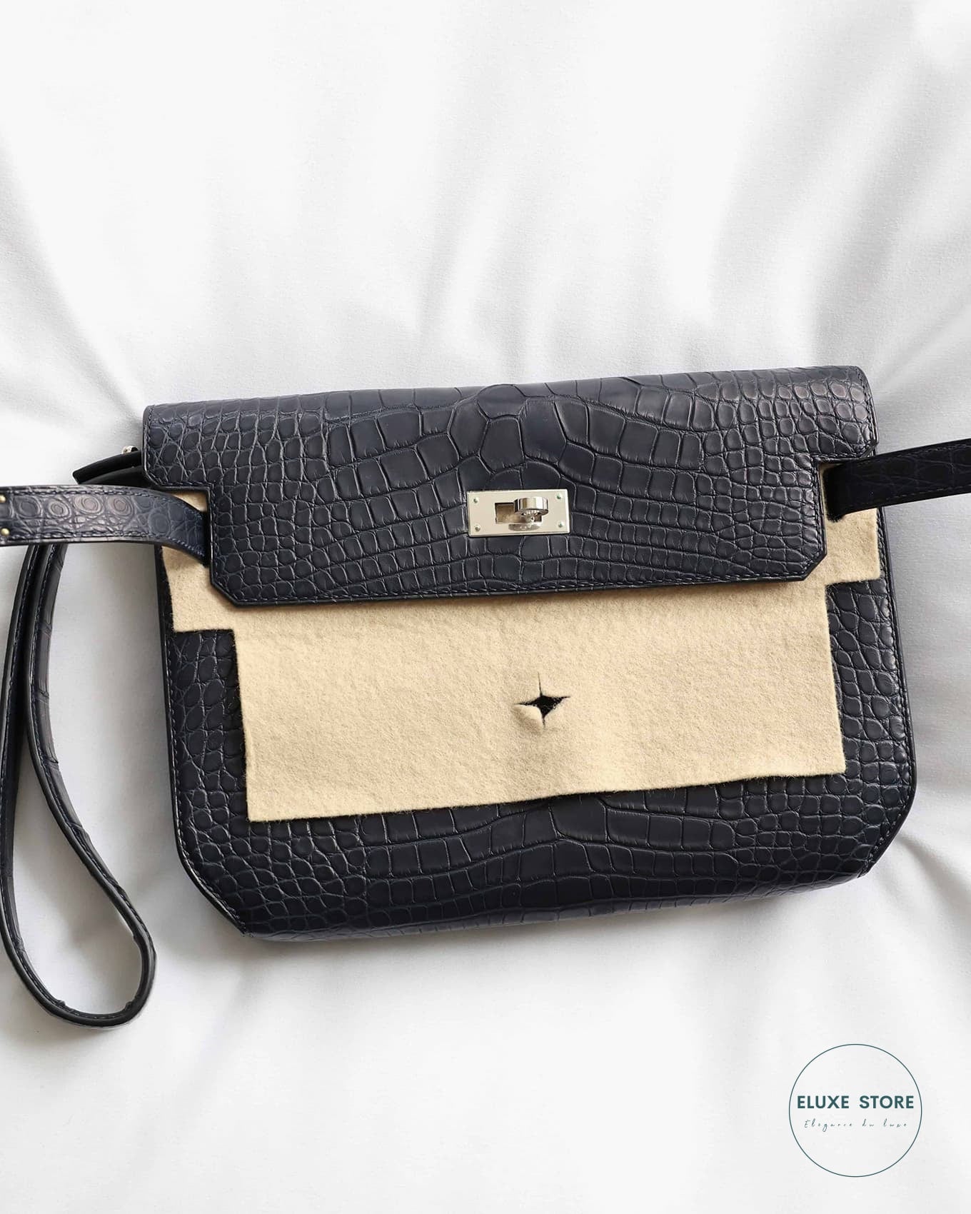 Hermès Kelly Depeche 25 Blue Nuit Matte Alligator Pochette Crocodile Skin Clutch Bag | ELUXE STORE