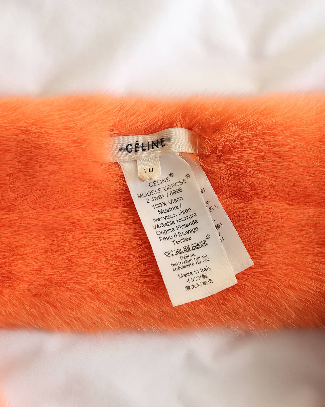 Old Céline by Phoebe Philo FW16 Fall Winter 2016 Orange Shaved Mink Fur Scarf 2 4N61 / 6996 | Eluxe Store