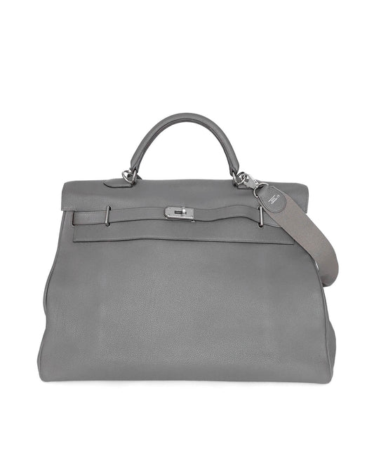 Hermès Kelly 50 Voyage Gris Etain Clémence 2018 front view
