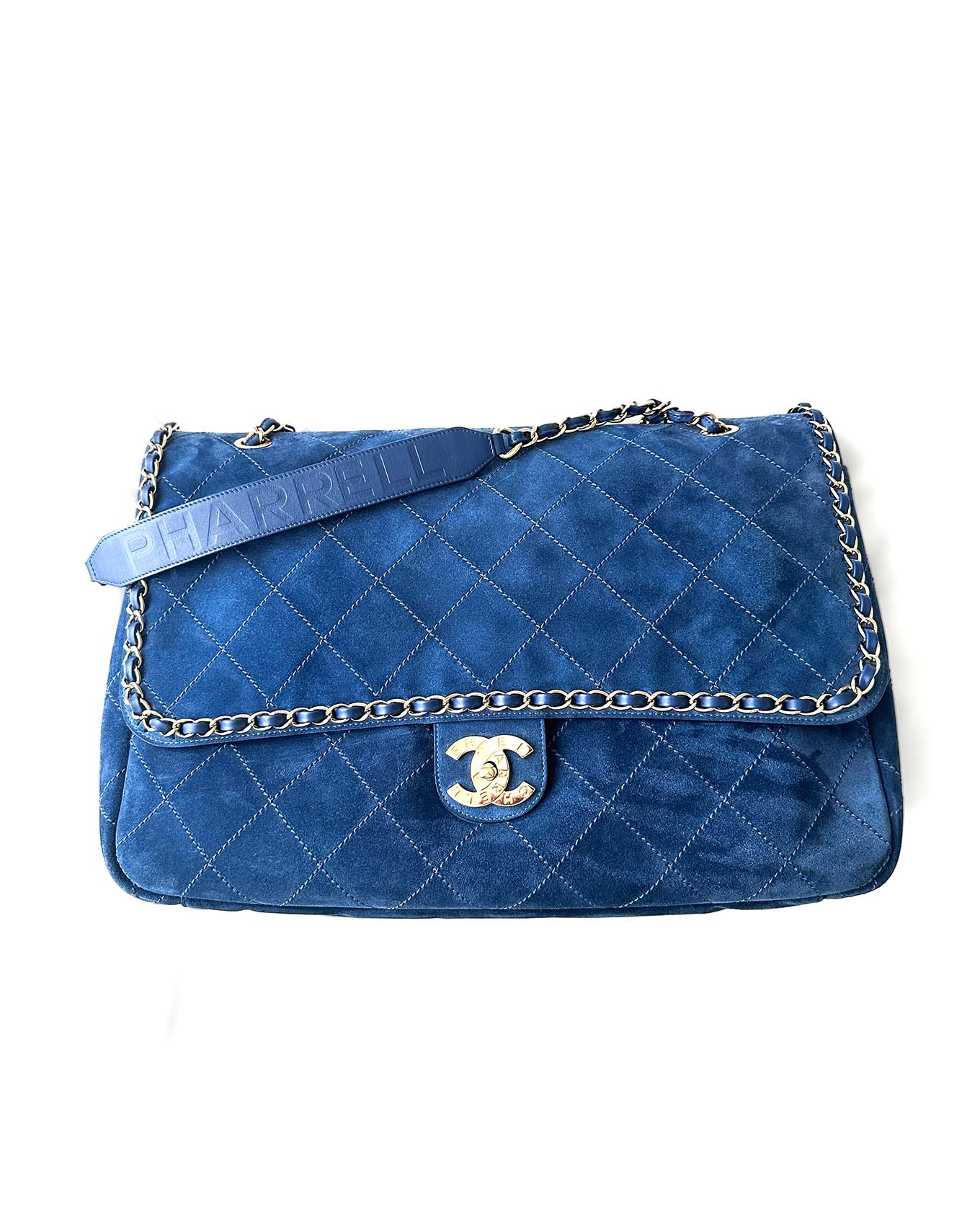 Chanel x Pharrell Williams Blue Suede XXL Classic Flap Bag front view