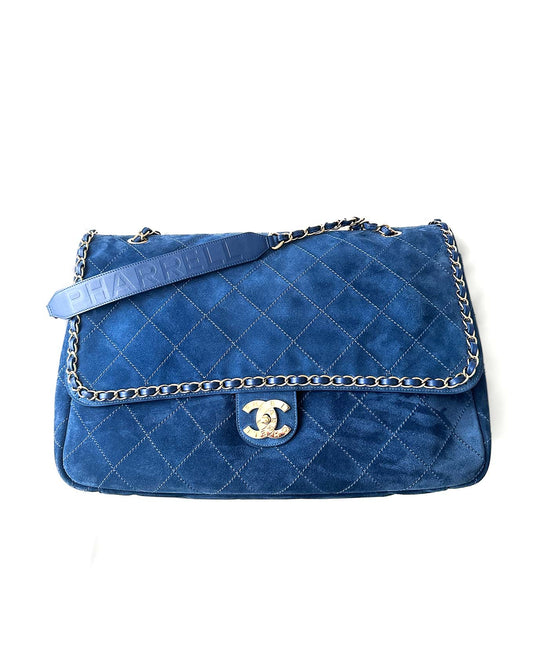 Chanel x Pharrell Williams Blue Suede XXL Classic Flap Bag front view