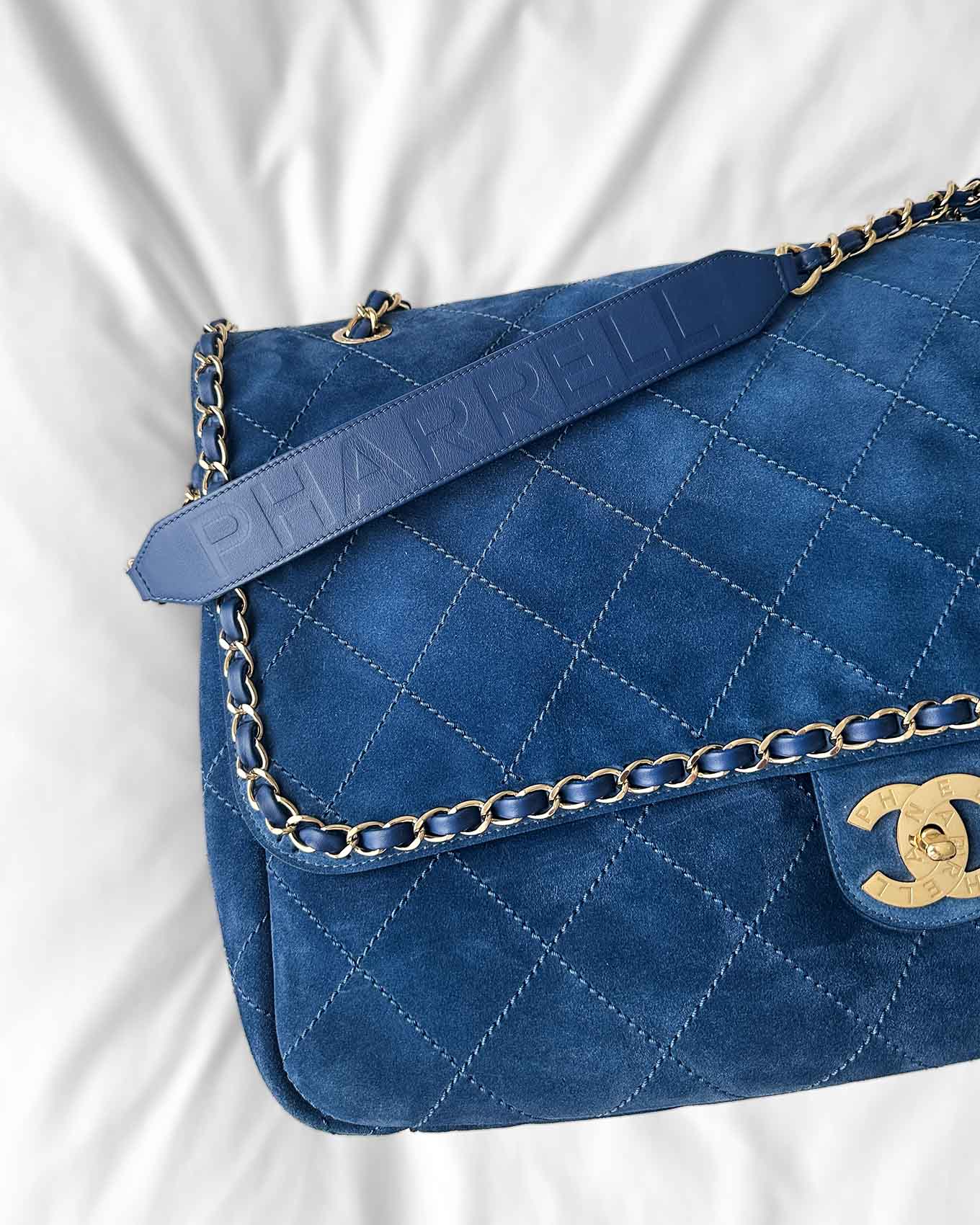 Chanel x Pharrell Williams Blue Suede XXL Classic Flap Bag strap