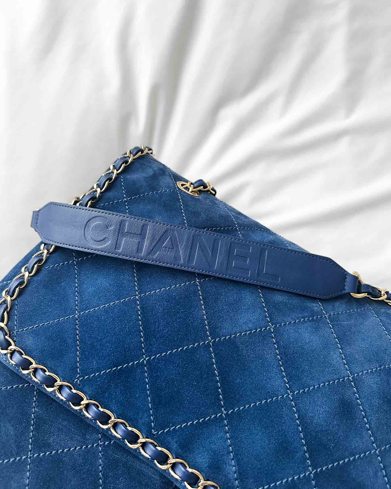 Chanel x Pharrell Williams Blue Suede XXL Classic Flap Bag logo