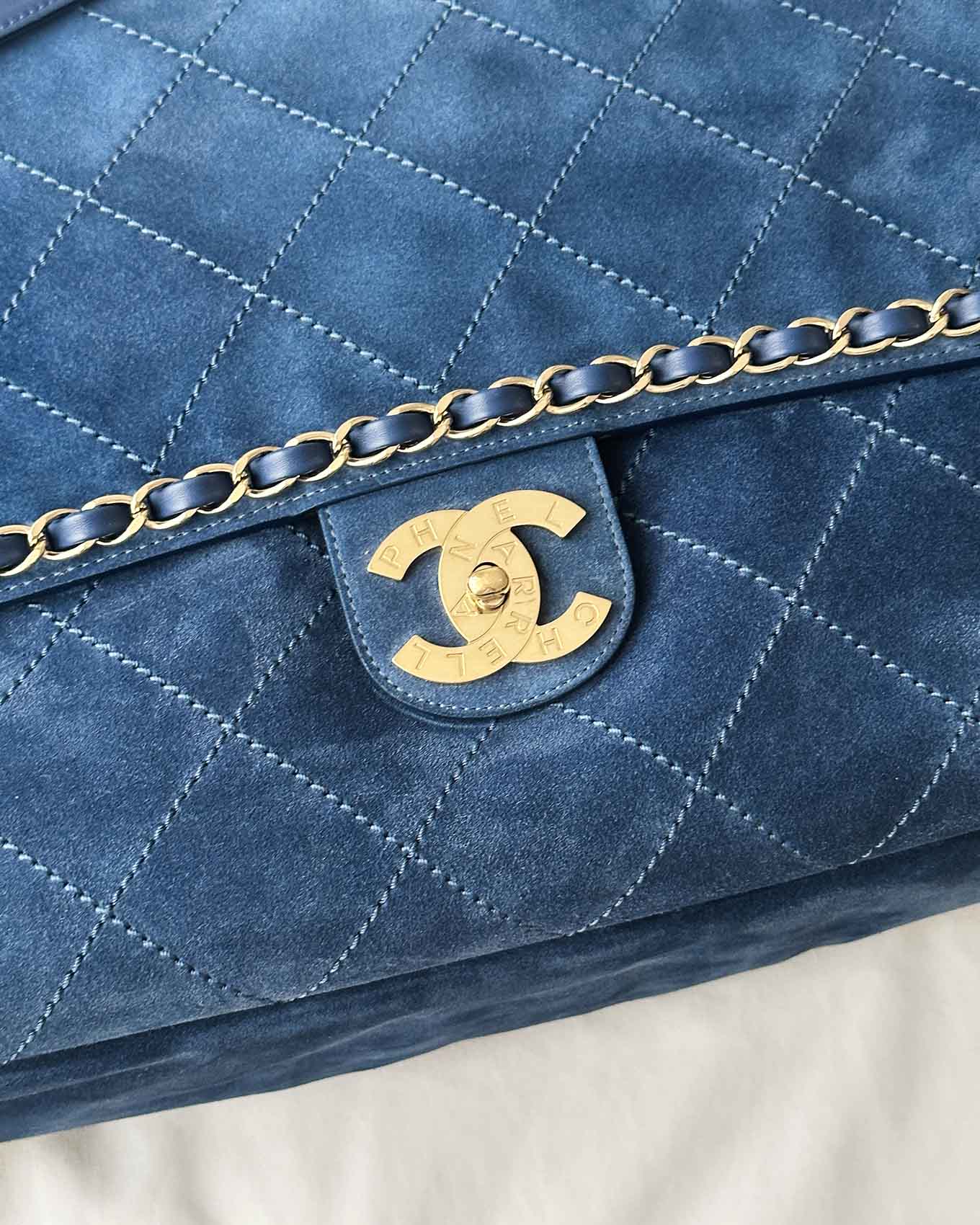 Chanel Pharrell Williams Blue Suede XXL Classic Flap Bag clasp closure