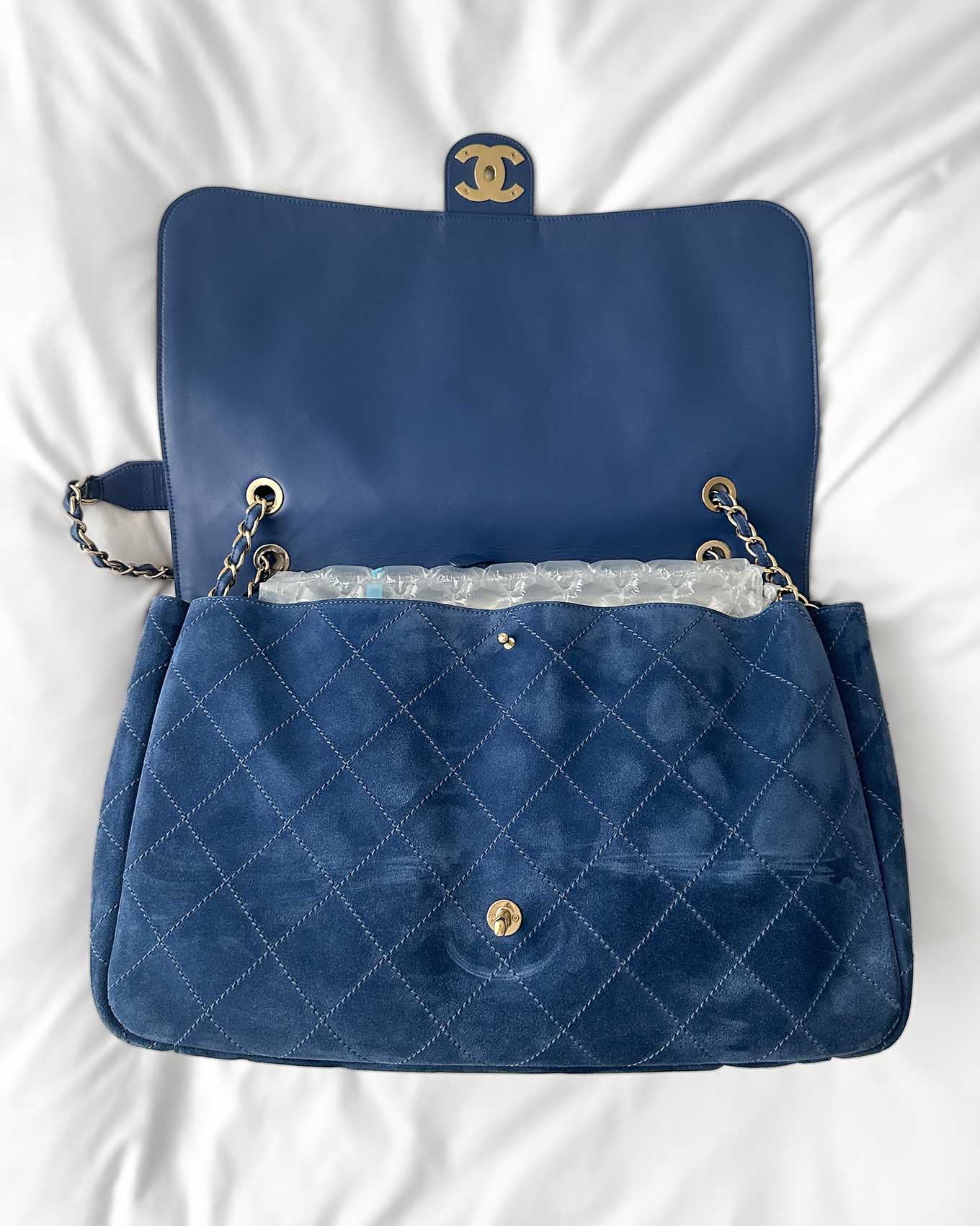 Chanel Pharrell Williams Blue Suede XXL Classic Flap Bag interior