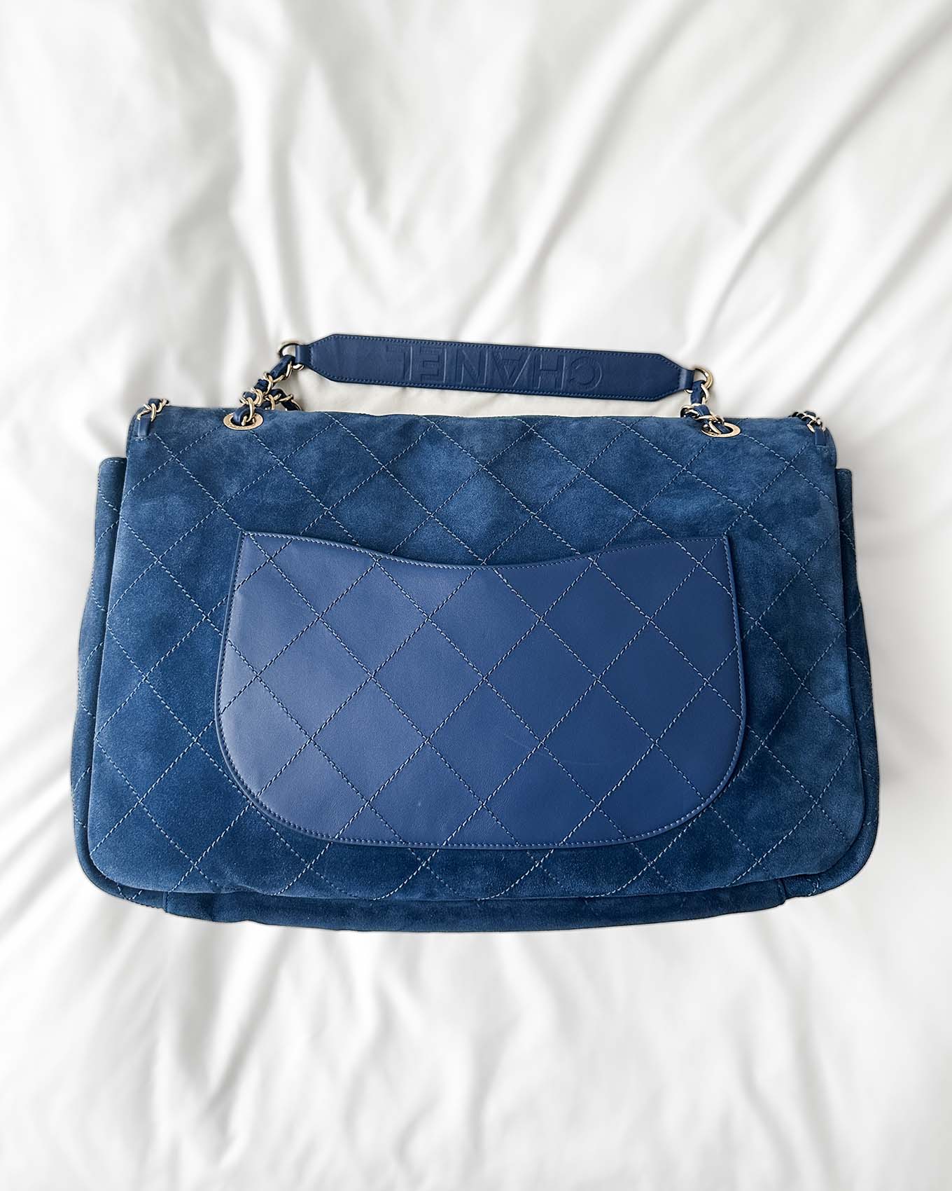 Chanel Pharrell Williams Blue Suede XXL Classic Flap Bag backside