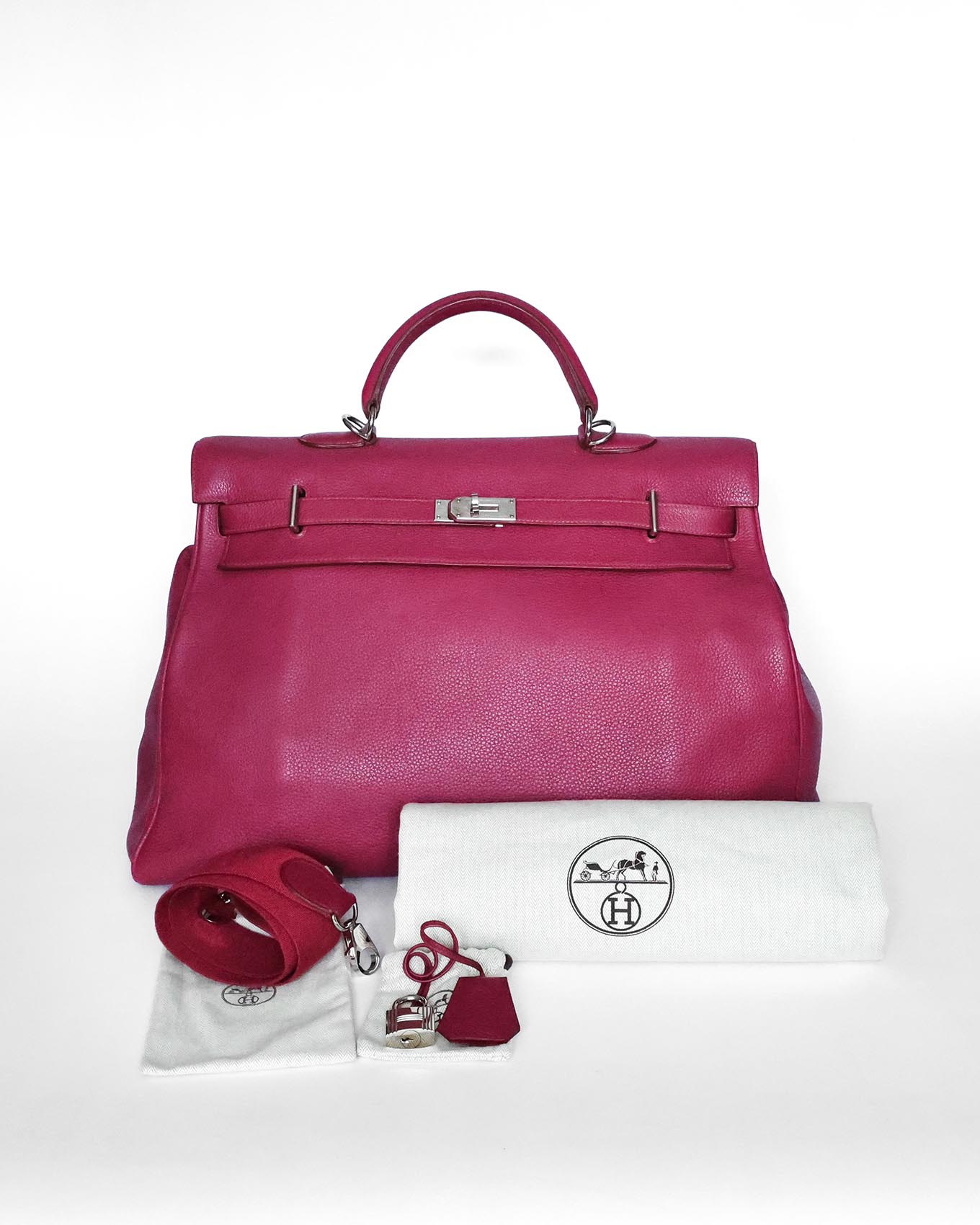 Hermès Kelly 50 Voyage Rubis Clémence full set view