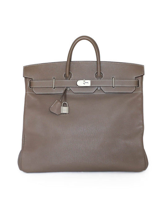 Hermès HAC Haut à Courroies 50 in Etoupe Togo leather with palladium hardware, front view