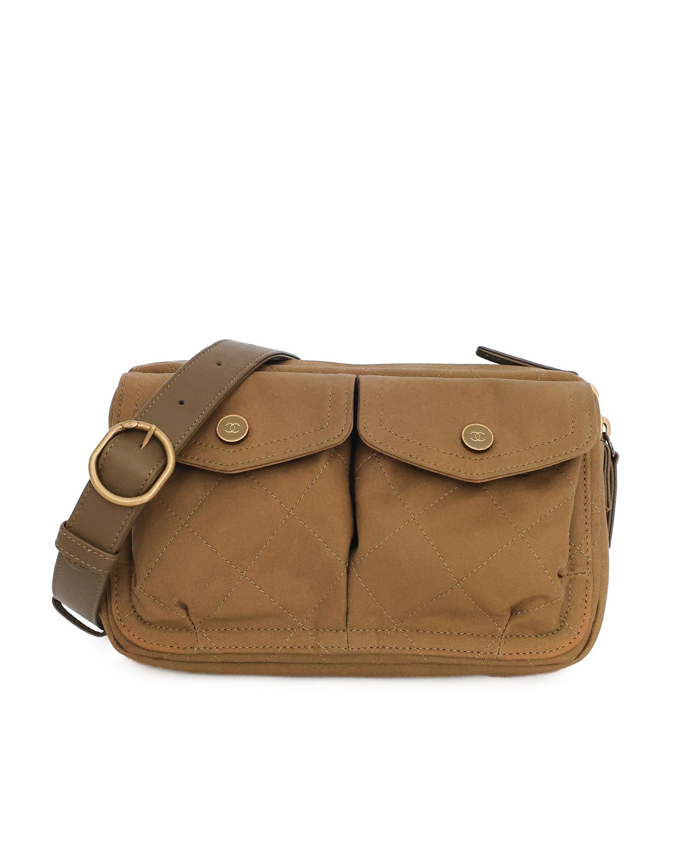 Chanel 2019 military green canvas Sport belt bag / bum bag with CC logo and brushed gold hardware, front view