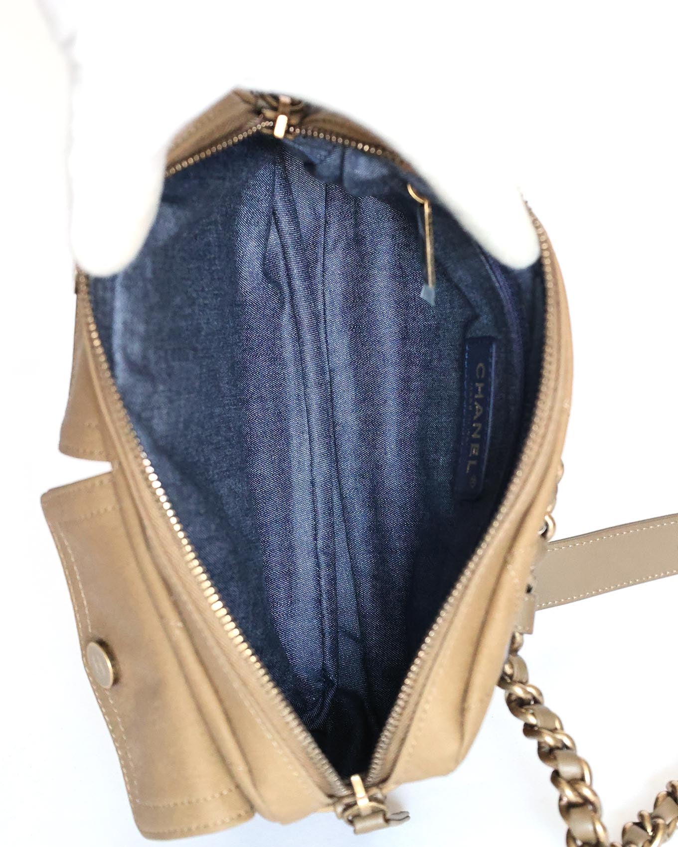 Chanel green canvas belt bag interior