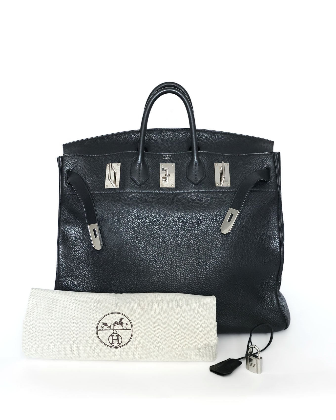 Hermès HAC Haut à Courroies 50 in black Noir Togo leather with palladium hardware, front view