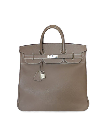 Hermès HAC Haut à Courroies 40 in Etoupe Togo leather with palladium hardware, front view