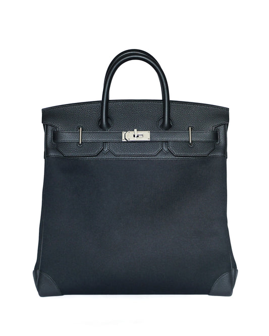 Hermès HAC Haut à Courroies 40 in black toile canvas with Togo leather and palladium hardware, front view