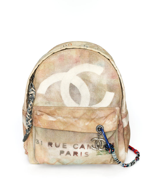 Chanel SS14 Artclass Graffiti canvas backpack in yellow with CC logo, charm and box, front view