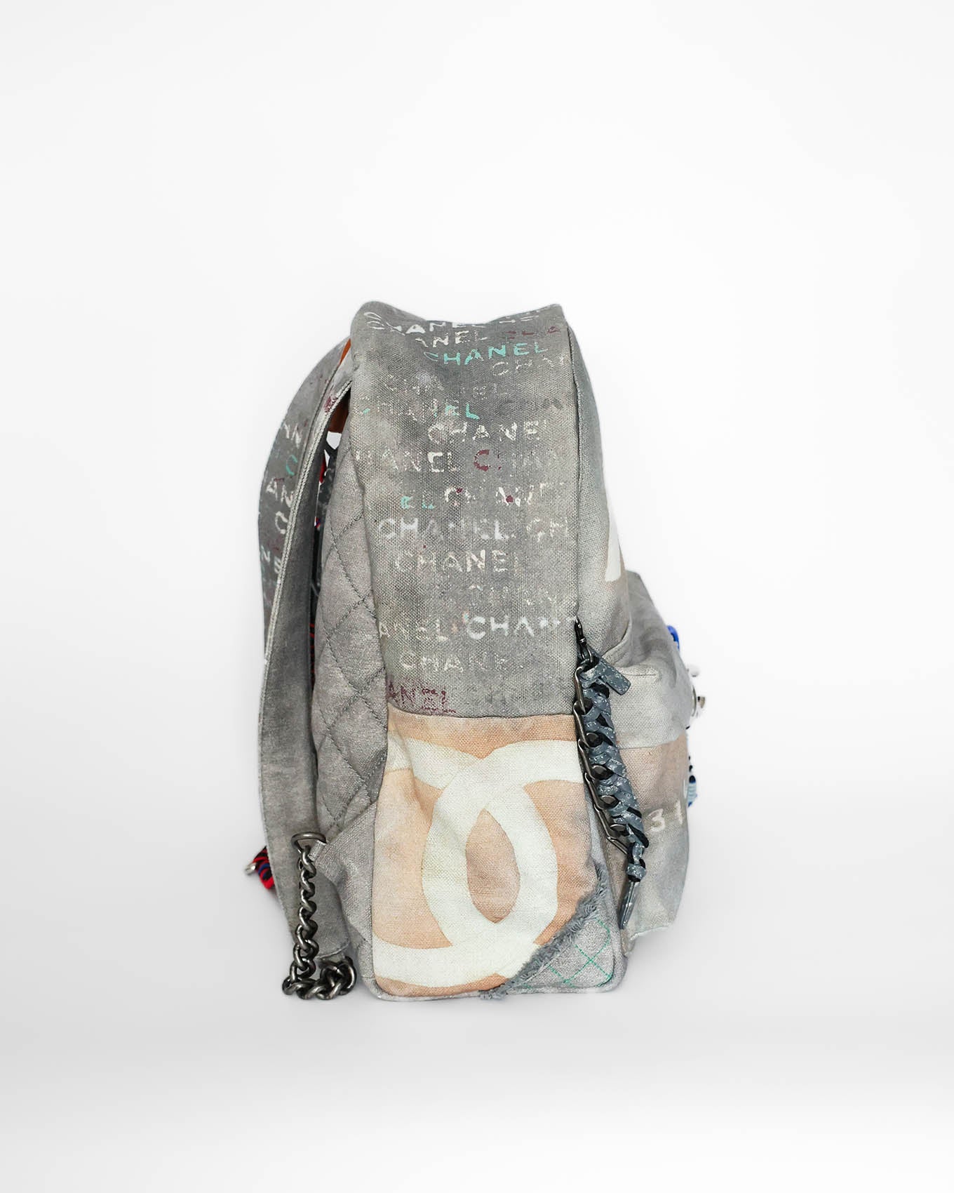 Chanel SS14 Artclass Light Grey Canvas Large Graffiti Backpack FULL SET