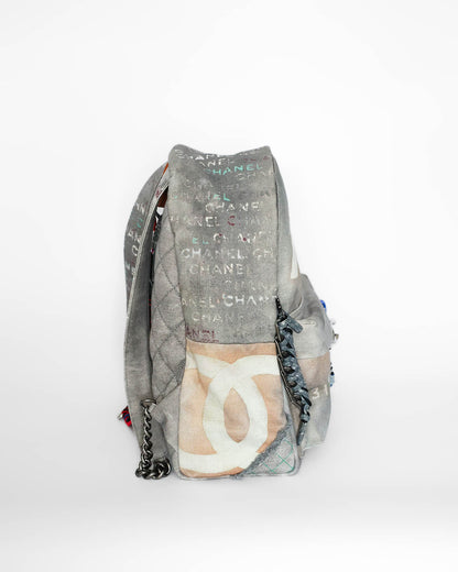 Chanel SS14 Artclass Light Grey Canvas Large Graffiti Backpack FULL SET