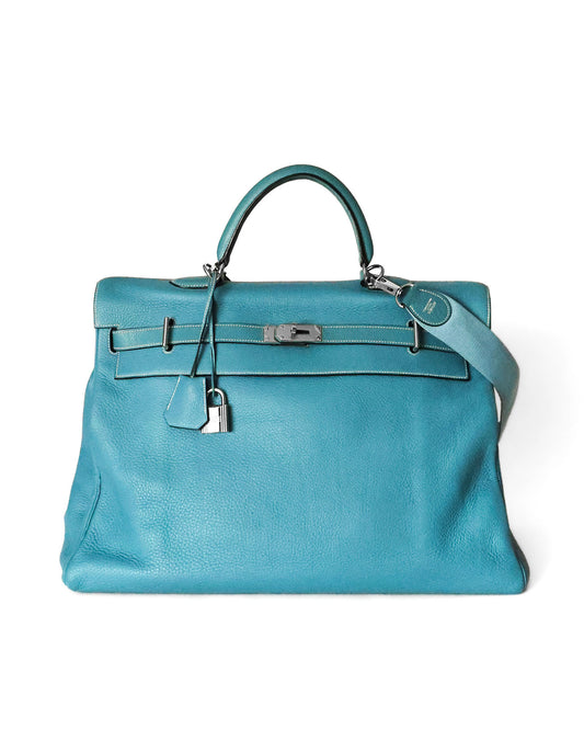 Preloved Hermès Kelly 50 Voyage Blue Jean Togo from 2004 front view | Élégance du Luxe authentic luxury bags
