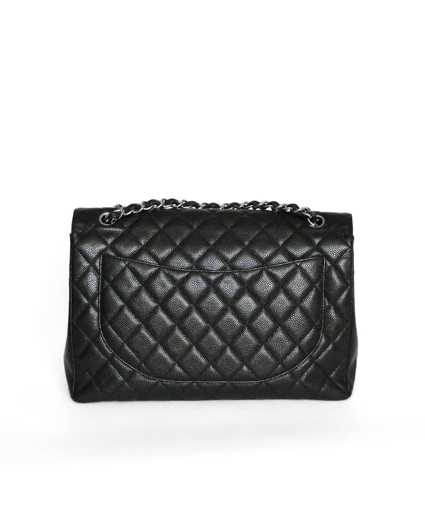 Chanel Maxi Flap Bag Black Caviar Calfskin Leather Classic Black Flap Bag Ladies Back Side