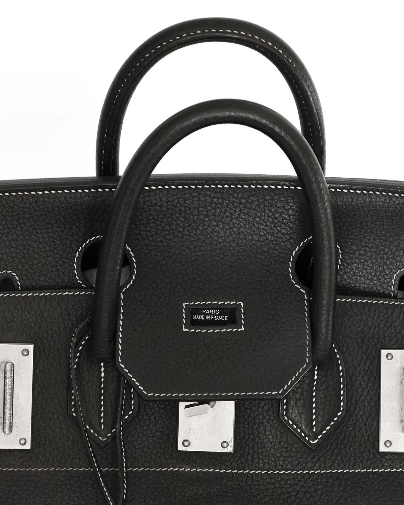Hermes Mens Vintage Travel Bag HAC Haut a Courroies Black Contrast Stitching Detailed View
