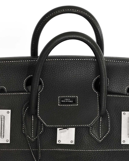 Hermes Mens Vintage Travel Bag HAC Haut a Courroies Black Contrast Stitching Detailed View