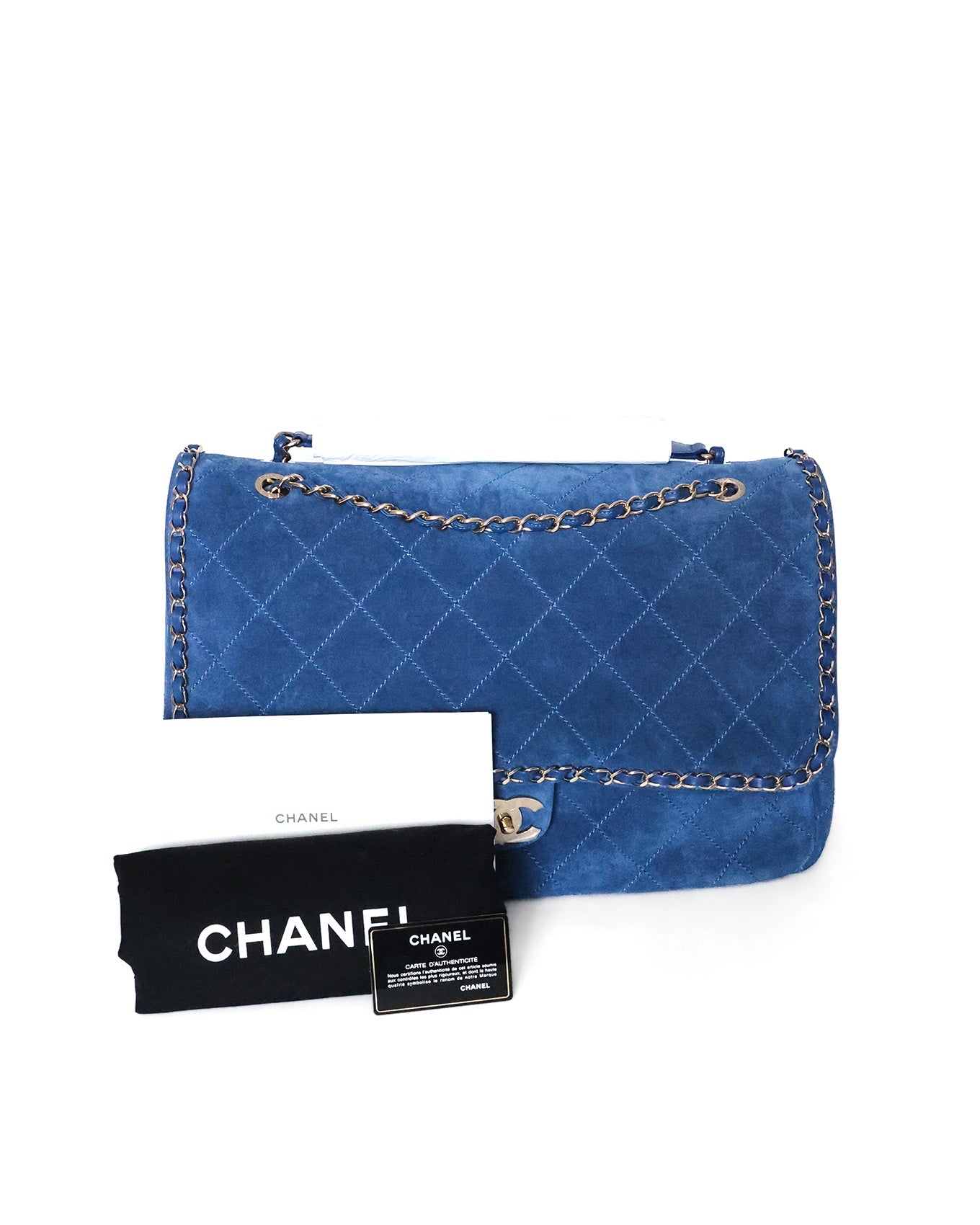 Chanel x Pharrell Williams Blue Suede XXL Classic Flap Bag full set | Élégance du Luxe