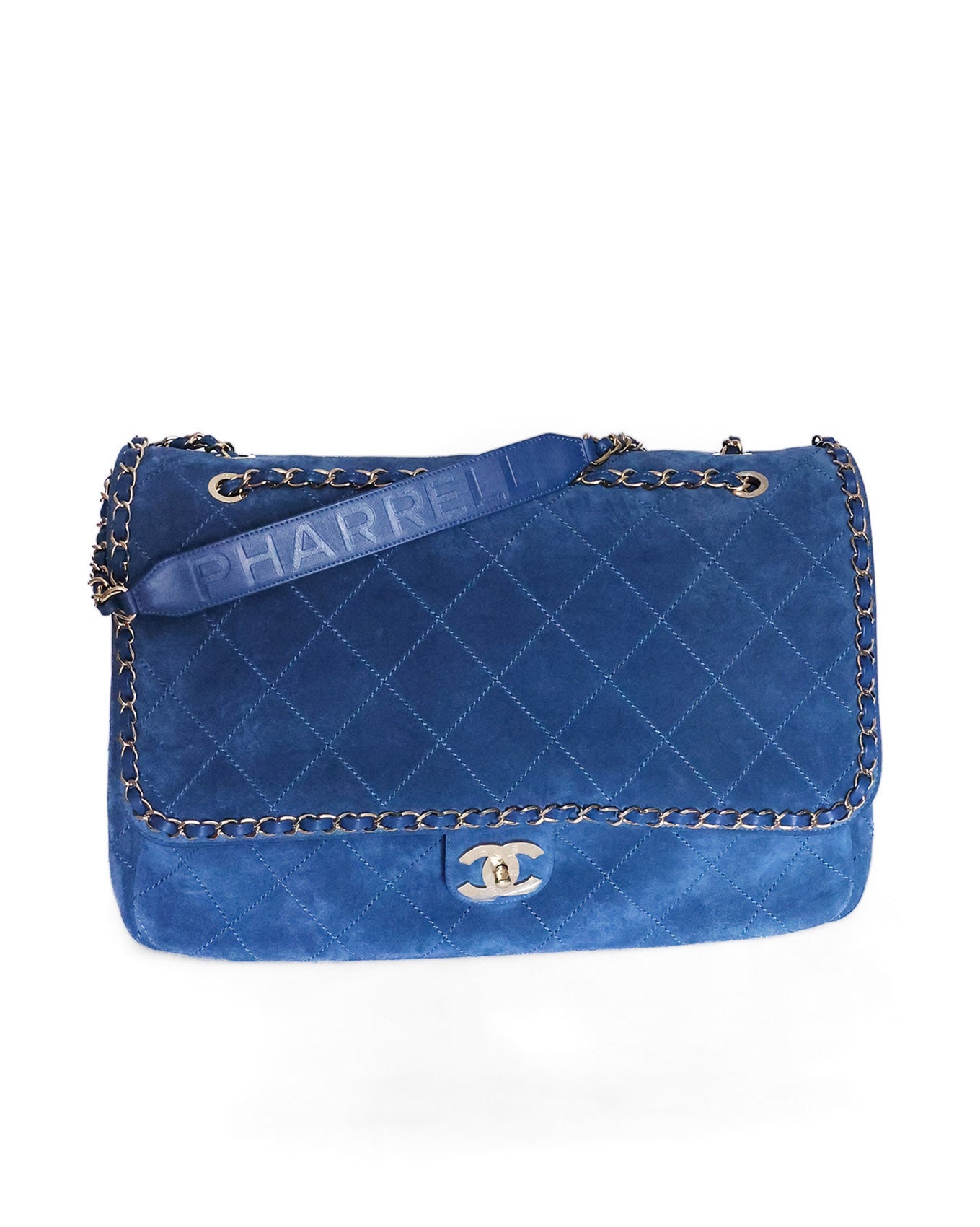 Chanel x Pharrell Williams Blue Suede XXL Classic Flap Bag front view | Élégance du Luxe