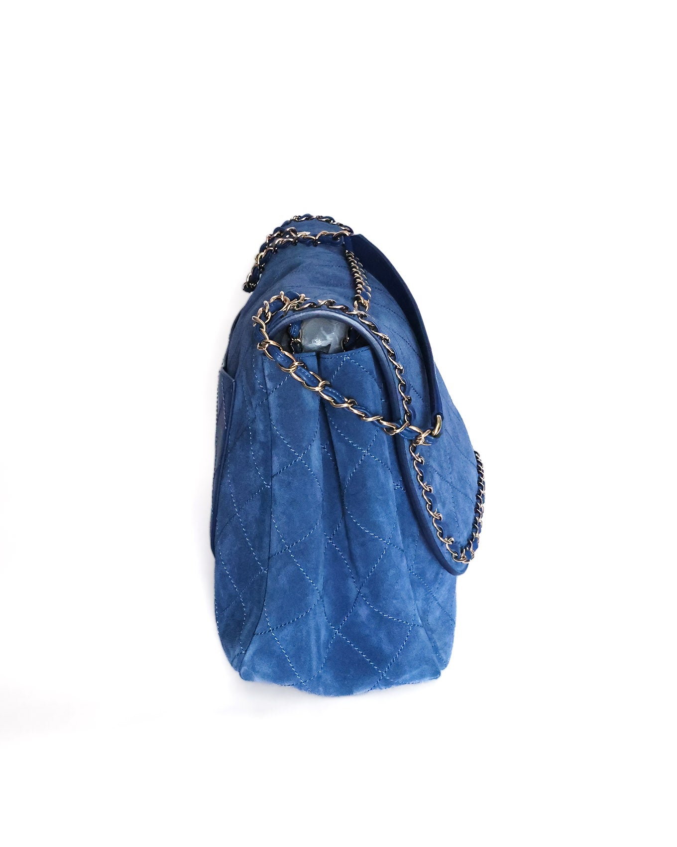 Chanel x Pharrell Williams Blue Suede XXL Classic Flap Bag  side view| Élégance du Luxe