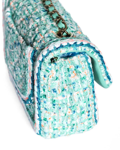 Chanel Mini Rectangular Classic Flap Bag Green Multicolor Tweed 2019 Chanel
