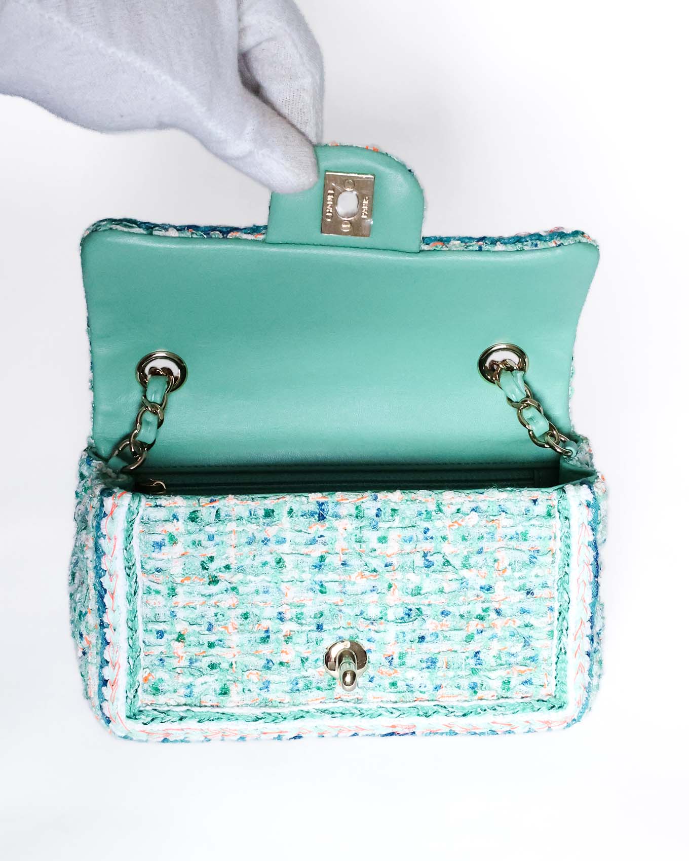 Chanel Mini Rectangular Classic Flap Bag Green Multicolor Tweed 2019 Chanel