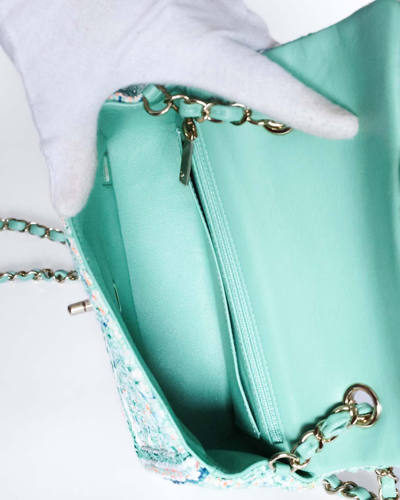 Chanel mini rectangular tweed bag interior detail 2019