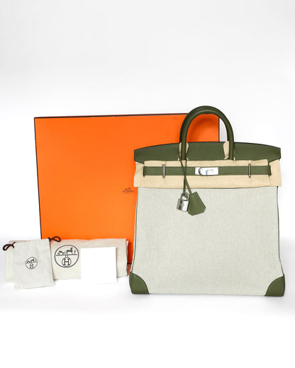Hermès HAC 40 Vert Veronese Toile Canvas front view with box and accessories