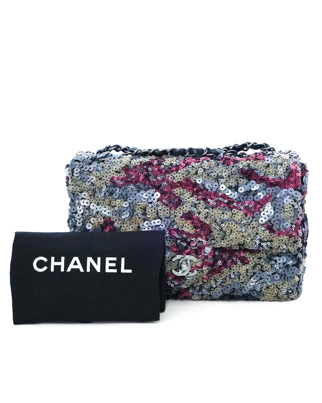 Chanel Classic Flap Medium Pink Multicolor Sequin Bag 2013 Full Set