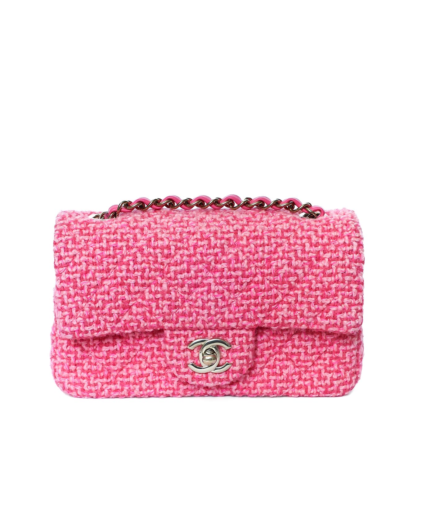 Chanel Mini Classic Flap Pink Knit 2022 Chanel Front View