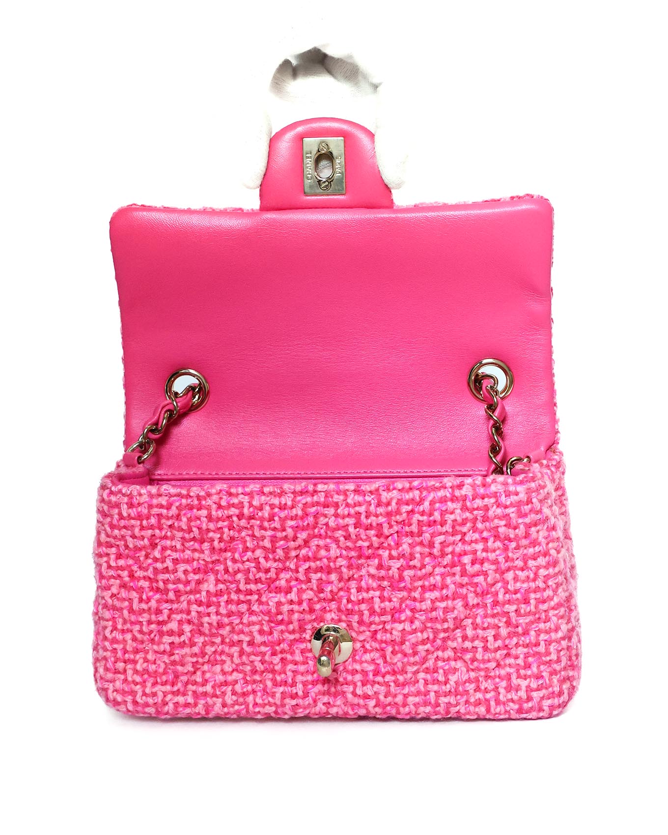 Chanel Mini Classic Flap Pink Knit 2022 Chanel Inside View