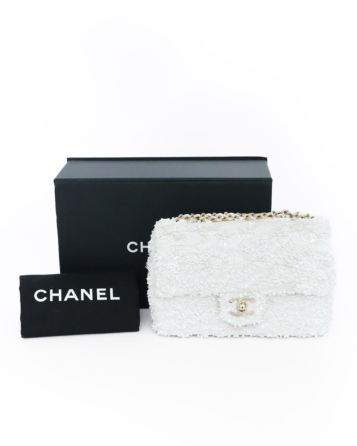 Chanel White Sequins Mini Flap Bag with Light Gold Hardware 2023