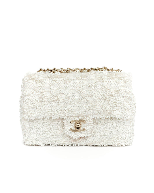 Chanel White Sequins Mini Flap Bag with Light Gold Hardware 2023