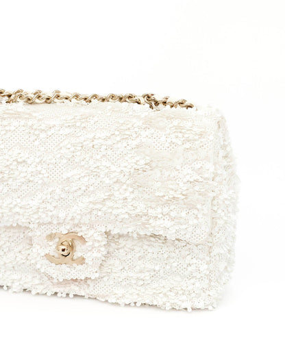 Chanel White Sequins Mini Flap Bag with Light Gold Hardware 2023