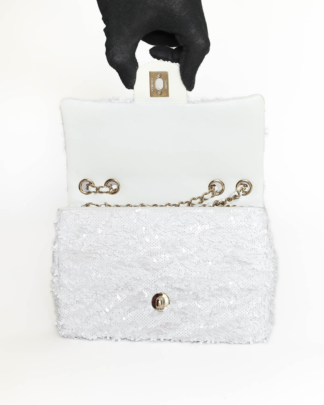 Chanel White Sequins Mini Flap Bag with Light Gold Hardware 2023