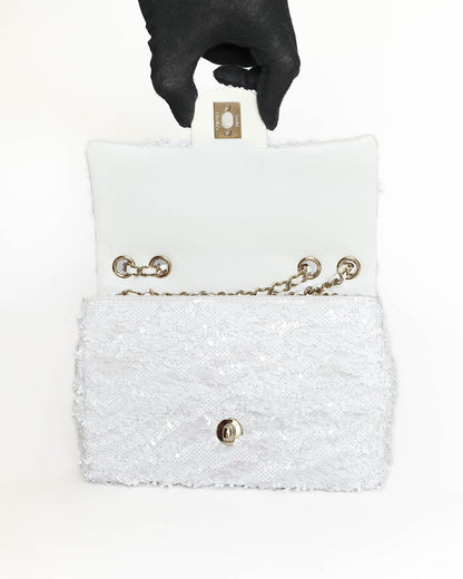 Chanel White Sequins Mini Flap Bag with Light Gold Hardware 2023