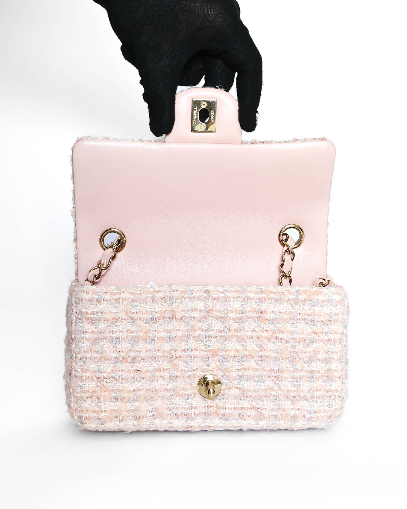 Chanel Light Pink Tweed Mini Rectangular Flap Bag with Sequins 2024